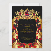 Elegant Birthday Party Red Gold Black Damask Gems Kaart (Achterkant)
