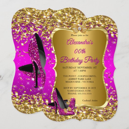 Elegant Birthday Party roze magenta Gold High Hiel Kaart (Voorkant / Achterkant)