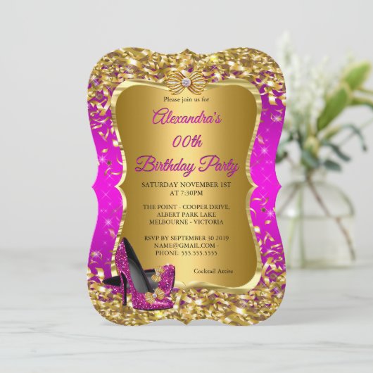 Elegant Birthday Party roze magenta Gold High Hiel Kaart (Staand voorkant)