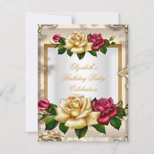Elegant Birthday Party Rozen White Gold Red Cream Kaart (Voorkant)