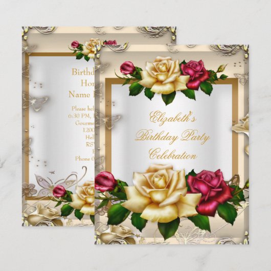 Elegant Birthday Party Rozen White Gold Red Cream Kaart (Voorkant / Achterkant)