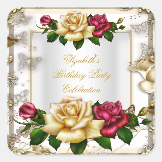Elegant Birthday Party Rozen White Gold Red Cream Vierkante Sticker (Voorkant)
