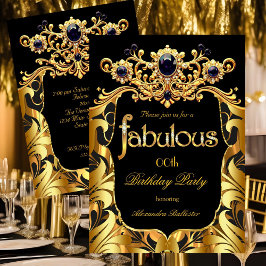 Elegant Birthday Party Silk Gold Black Damask Gems Kaart