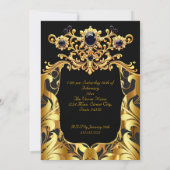 Elegant Birthday Party Silk Gold Black Damask Gems Kaart (Achterkant)