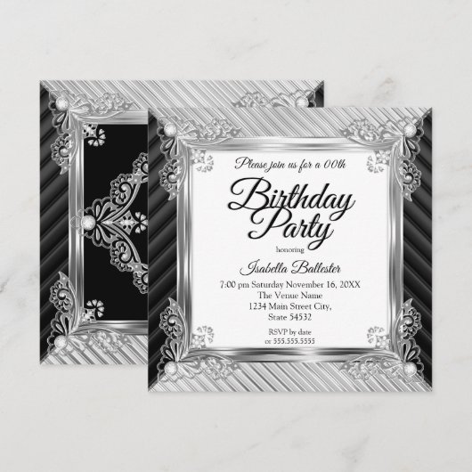 Elegant Birthday Party Silver Chrome Black Diamond Kaart (Voorkant / Achterkant)