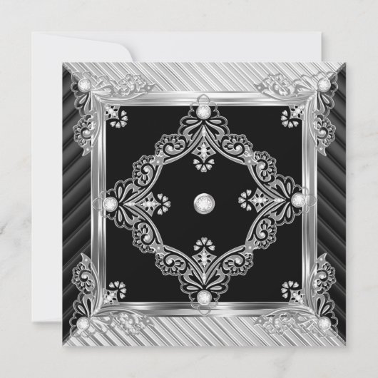 Elegant Birthday Party Silver Chrome Black Diamond Kaart (Achterkant)