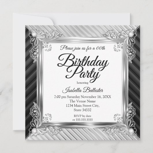 Elegant Birthday Party Silver Chrome Black Diamond Kaart (Voorkant)