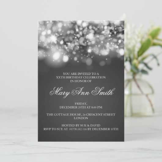 Elegant Birthday Party Silver Sparging Lights Kaart (Staand voorkant)