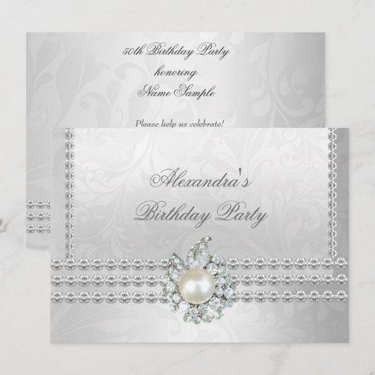 Elegant Birthday Party Silver White Diamond Pearl Kaart (Voorkant / Achterkant)