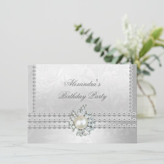Elegant Birthday Party Silver White Diamond Pearl Kaart (Staand voorkant)