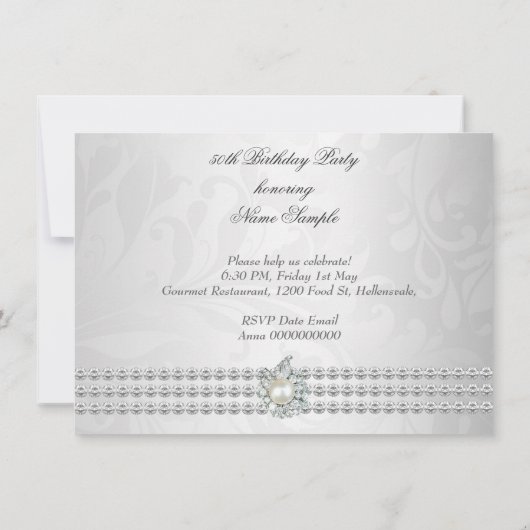 Elegant Birthday Party Silver White Diamond Pearl Kaart (Achterkant)