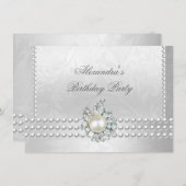 Elegant Birthday Party Silver White Diamond Pearls Kaart (Voorkant / Achterkant)