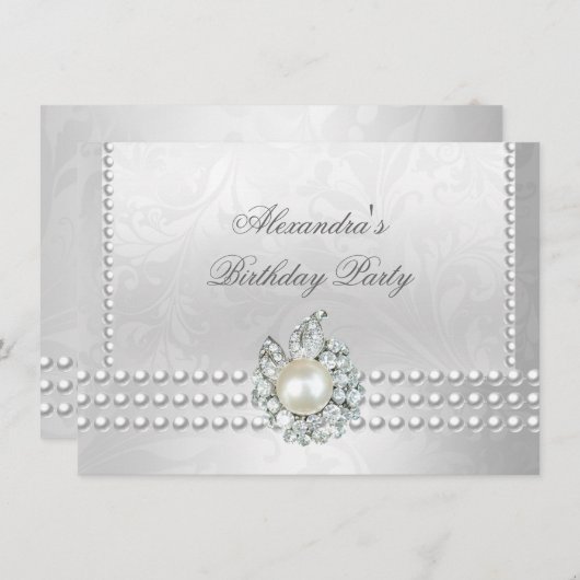 Elegant Birthday Party Silver White Diamond Pearls Kaart (Voorkant / Achterkant)