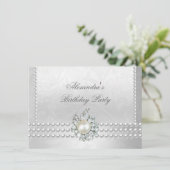 Elegant Birthday Party Silver White Diamond Pearls Kaart (Staand voorkant)