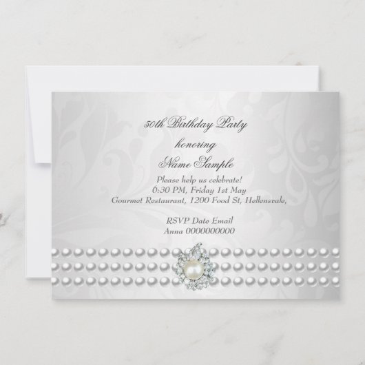 Elegant Birthday Party Silver White Diamond Pearls Kaart (Achterkant)