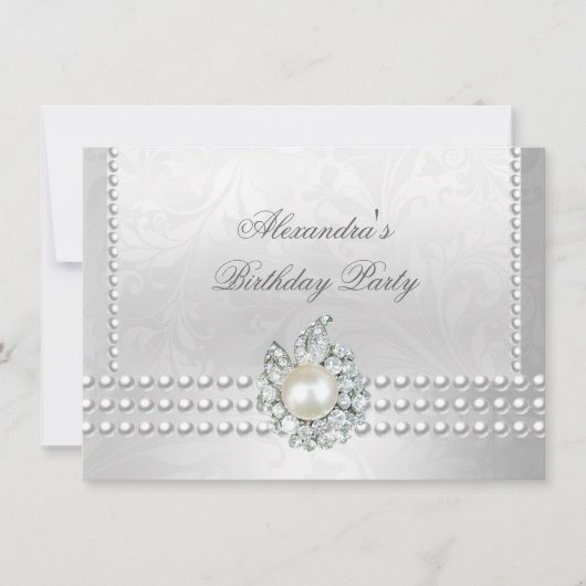 Elegant Birthday Party Silver White Diamond Pearls Kaart (Voorkant)