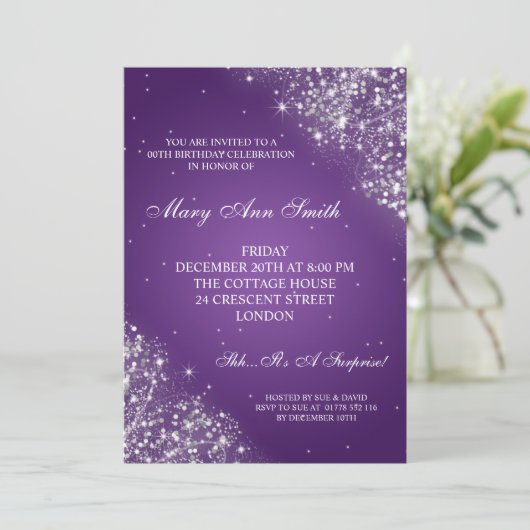 Elegant Birthday Party Sparking Glitter Paars Kaart (Staand voorkant)