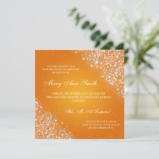 Elegant Birthday Party Sparking Glitter Sinaasappe Kaart (Staand voorkant)