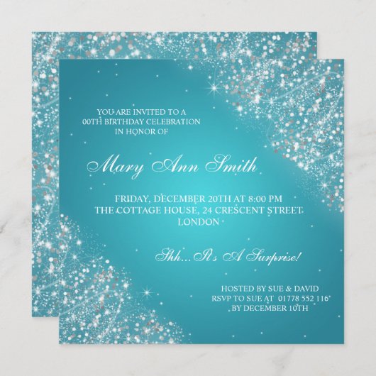 Elegant Birthday Party Sparking Glitter Turquoise Kaart (Voorkant / Achterkant)