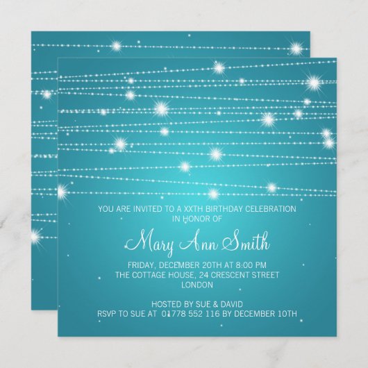Elegant Birthday Party Sparking Lines Turquoise Kaart (Voorkant / Achterkant)