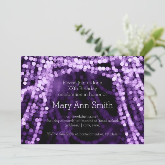 Elegant Birthday Party String Lights Paars Kaart (Staand voorkant)