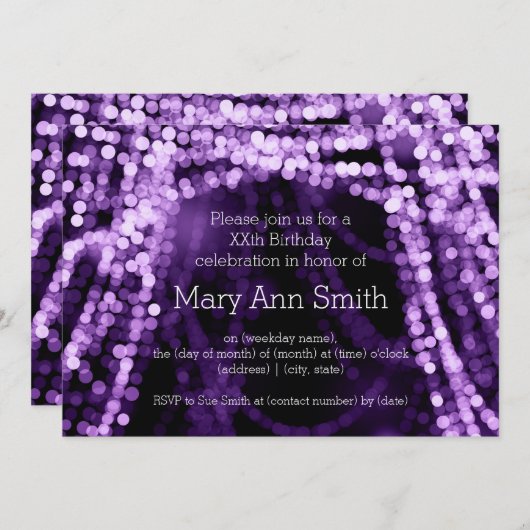 Elegant Birthday Party String Lights Paars Kaart (Voorkant / Achterkant)