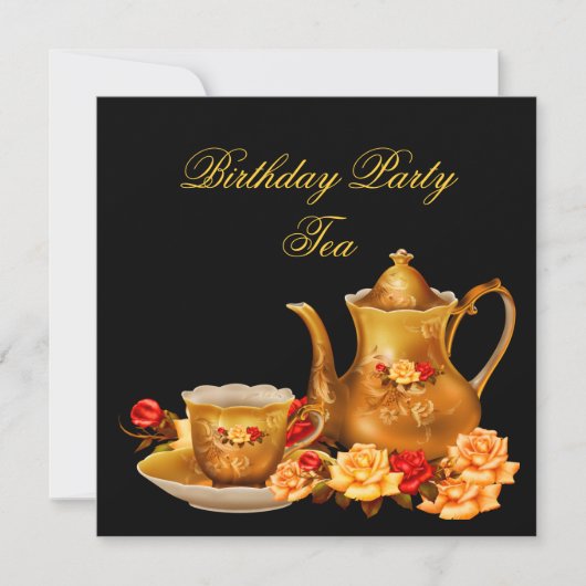 Elegant Birthday Party Tea Black Red Gold Kaart (Voorkant)