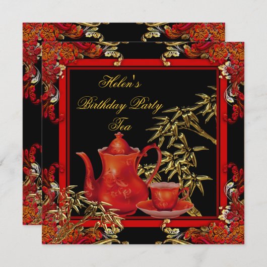 Elegant Birthday Party Tea Red Gold Bamboo Kaart (Voorkant / Achterkant)