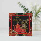Elegant Birthday Party Tea Red Gold Bamboo Kaart (Staand voorkant)