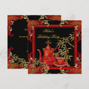 Elegant Birthday Party Tea Red Gold Bamboo Kaart
