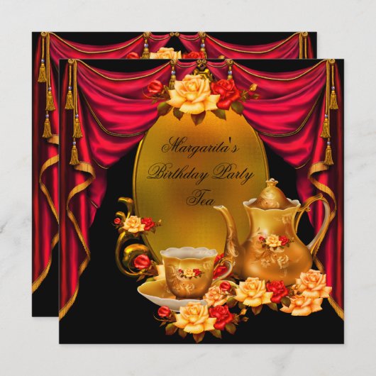 Elegant Birthday Party  Tea Red Gold Rozen Kaart (Voorkant / Achterkant)