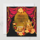 Elegant Birthday Party  Tea Red Gold Rozen Kaart (Voorkant)