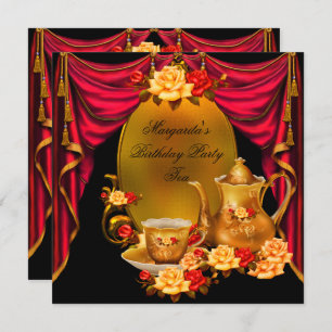 Elegant Birthday Party  Tea Red Gold Rozen Kaart