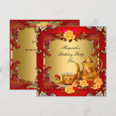 Elegant Birthday Party Tea Red Gold Rozen Kaart (Voorkant / Achterkant)