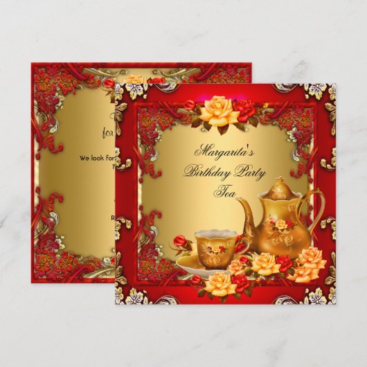 Elegant Birthday Party Tea Red Gold Rozen Kaart (Voorkant / Achterkant)