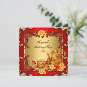 Elegant Birthday Party Tea Red Gold Rozen Kaart (Staand voorkant)