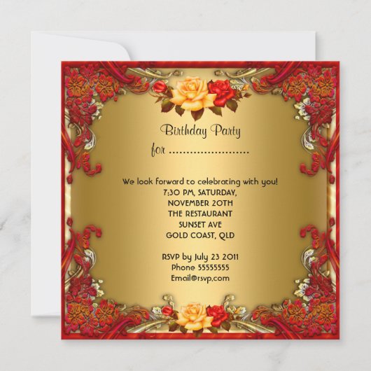 Elegant Birthday Party Tea Red Gold Rozen Kaart (Achterkant)