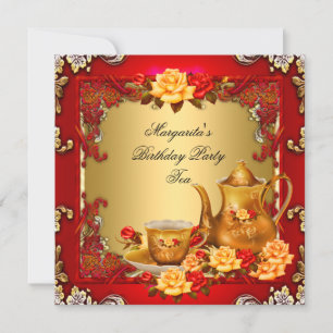 Elegant Birthday Party Tea Red Gold Rozen Kaart
