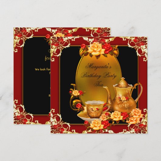 Elegant Birthday Party  Tea Red Gold Rozen Kaart (Voorkant / Achterkant)