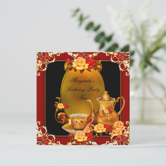 Elegant Birthday Party Tea Red Gold Rozen Kaart (Staand voorkant)