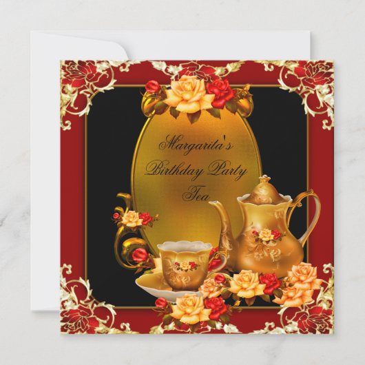 Elegant Birthday Party  Tea Red Gold Rozen Kaart (Voorkant)