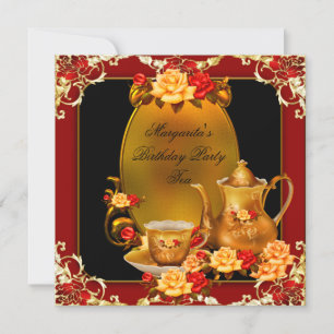 Elegant Birthday Party  Tea Red Gold Rozen Kaart
