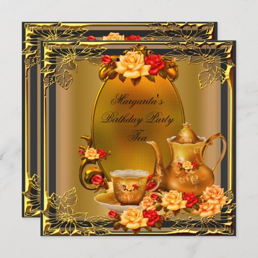 Elegant Birthday Party  Tea Red Gold Rozen Kaart (Voorkant / Achterkant)