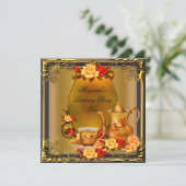 Elegant Birthday Party  Tea Red Gold Rozen Kaart (Staand voorkant)