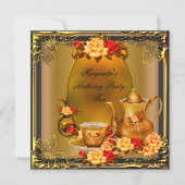 Elegant Birthday Party  Tea Red Gold Rozen Kaart (Voorkant)