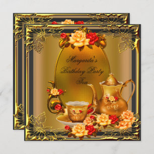 Elegant Birthday Party  Tea Red Gold Rozen Kaart