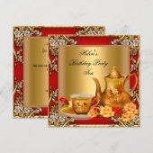 Elegant Birthday Party Tea Red Gold Rozen Kaart (Voorkant / Achterkant)