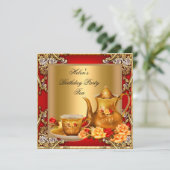 Elegant Birthday Party Tea Red Gold Rozen Kaart (Staand voorkant)