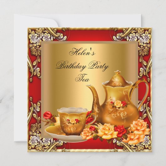 Elegant Birthday Party Tea Red Gold Rozen Kaart (Voorkant)