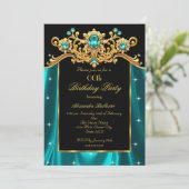 Elegant Birthday Party Teal Blue Silk Gold Gems Kaart (Staand voorkant)